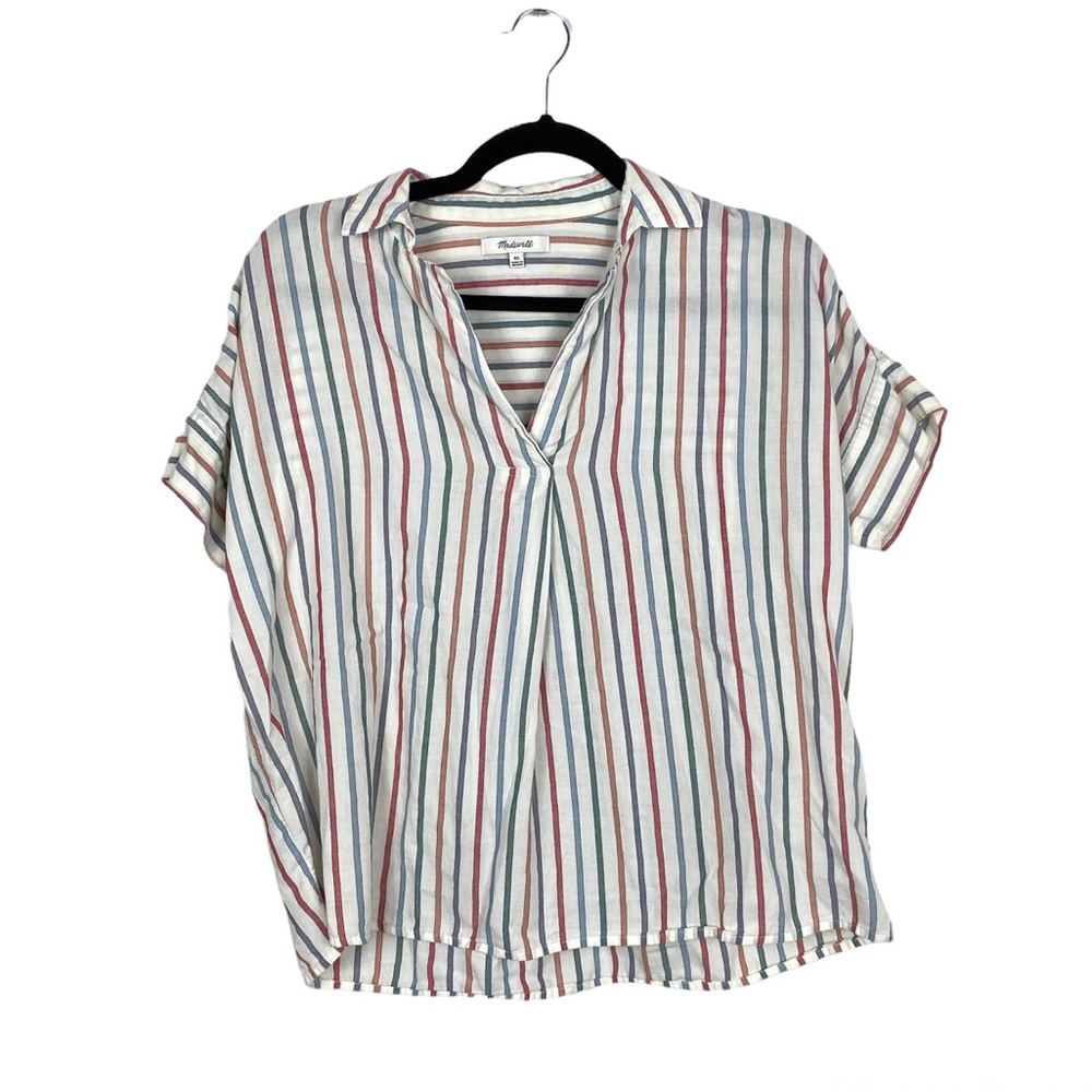 Madewell White Striped Short Sleeve V-Neck Blouse